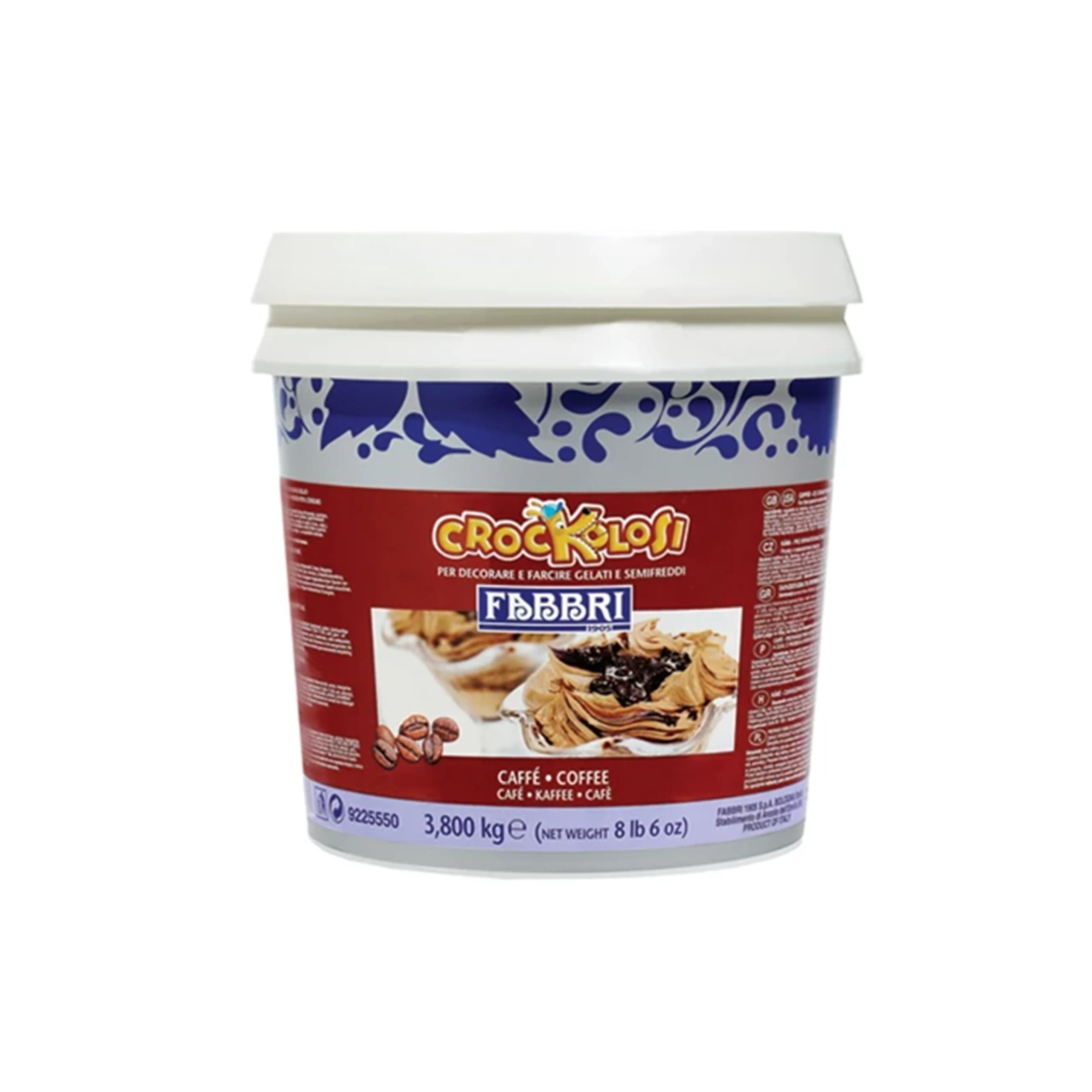Ice cream tub with a white lid, blue decorative pattern, and red label showing flavor and logo, net weight 3.8 kg (8 lb 6 oz).
