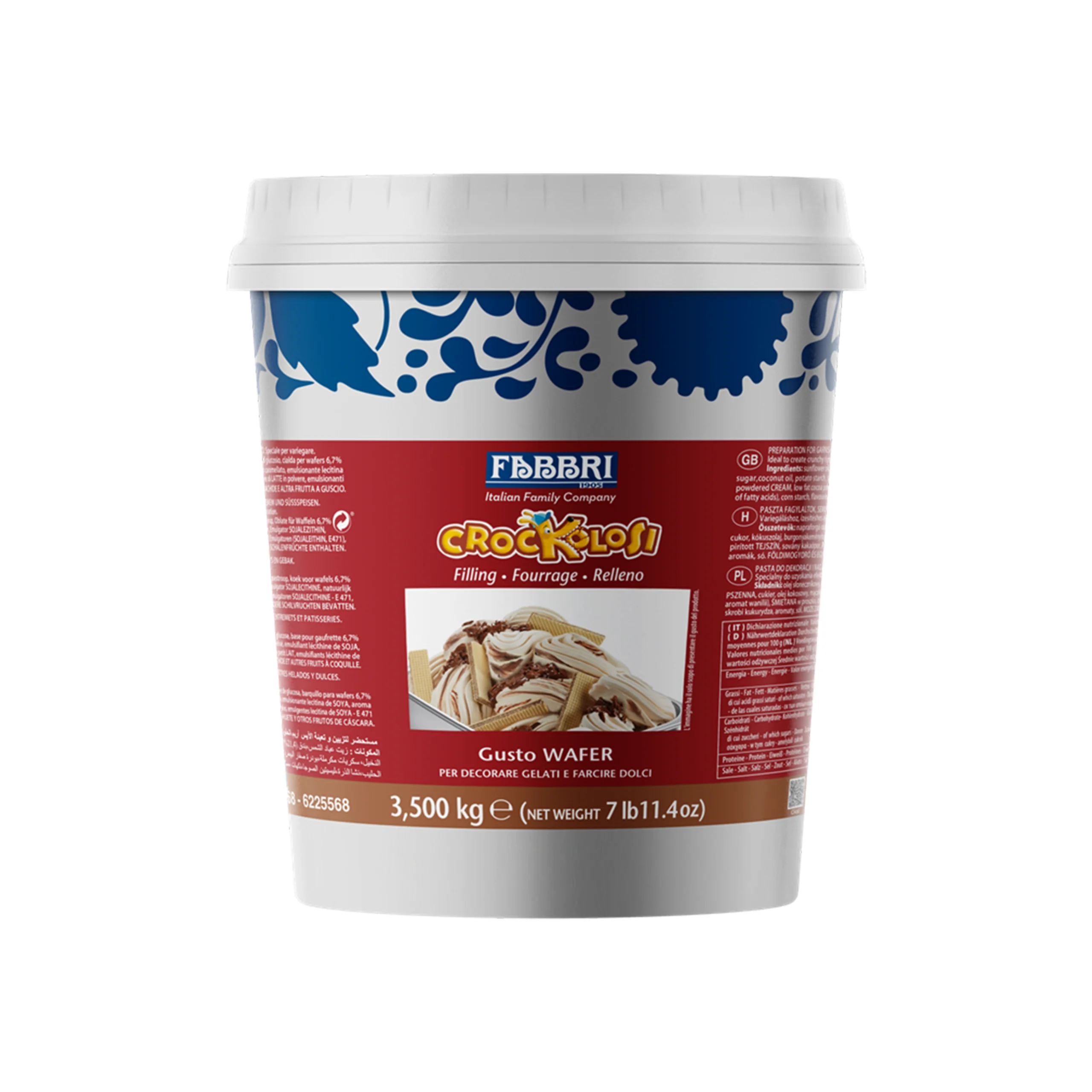 White-lidded tub with a blue patterned label and red band, showing FABBRI branding for a wafer filling product.