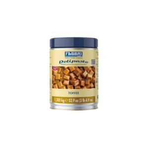Jar of Fabbri Belipaste Toffee paste with a dark blue lid and beige label showing 'Fabbri' and toffee chunks on the lower portion of the label (1,500 kg).