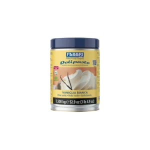Jar of Fabbri Belipaste vanilla bean paste with a dark blue lid and yellow label showing vanilla beans and cream imagery.