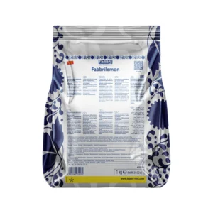 Back of a blue-and-white packaged food bag showing the nutrition facts panel, barcode and brand label (Fabbri).
