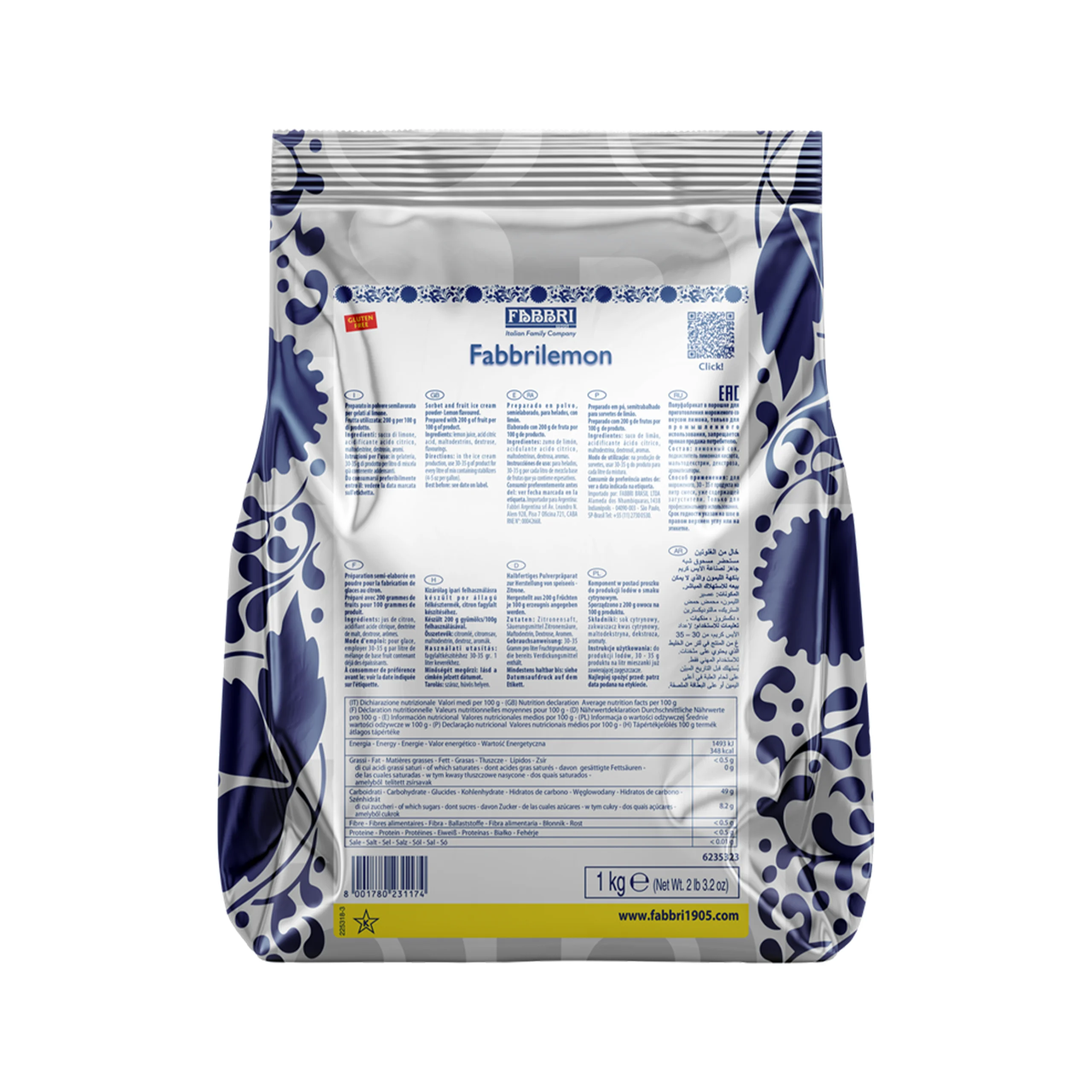 Back of a blue-and-white packaged food bag showing the nutrition facts panel, barcode and brand label (Fabbri).