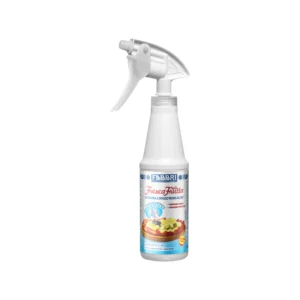 Close-up of a white spray bottle nozzle with trigger and curved handle, label partially visible at the bottom edge.
