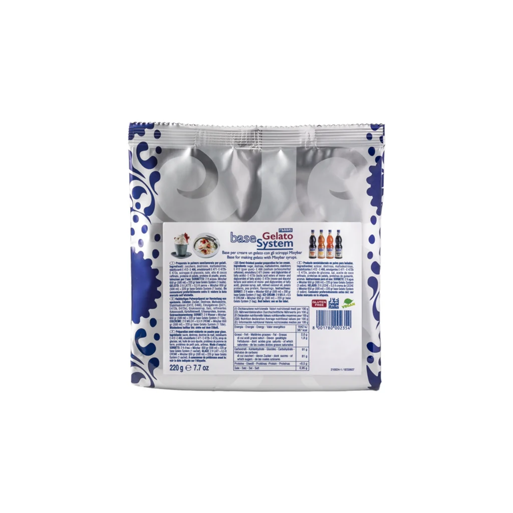 Base Gelato System packaging bag in blue and silver foil with nutrition panel visible on the back