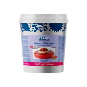 Tub of Fabbri dessert topping with raspberry flavor; white lid, blue decorative pattern on the container.