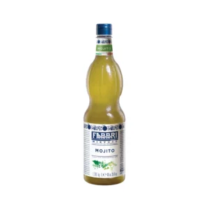 Bottle of Fabbrì Mojito liqueur with blue cap and white-blue patterned label against a white background (clear, tall glass bottle)