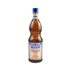 Bottle of FABBRI Caramello Plus liqueur with a blue cap and striped label showing caramel color liquid