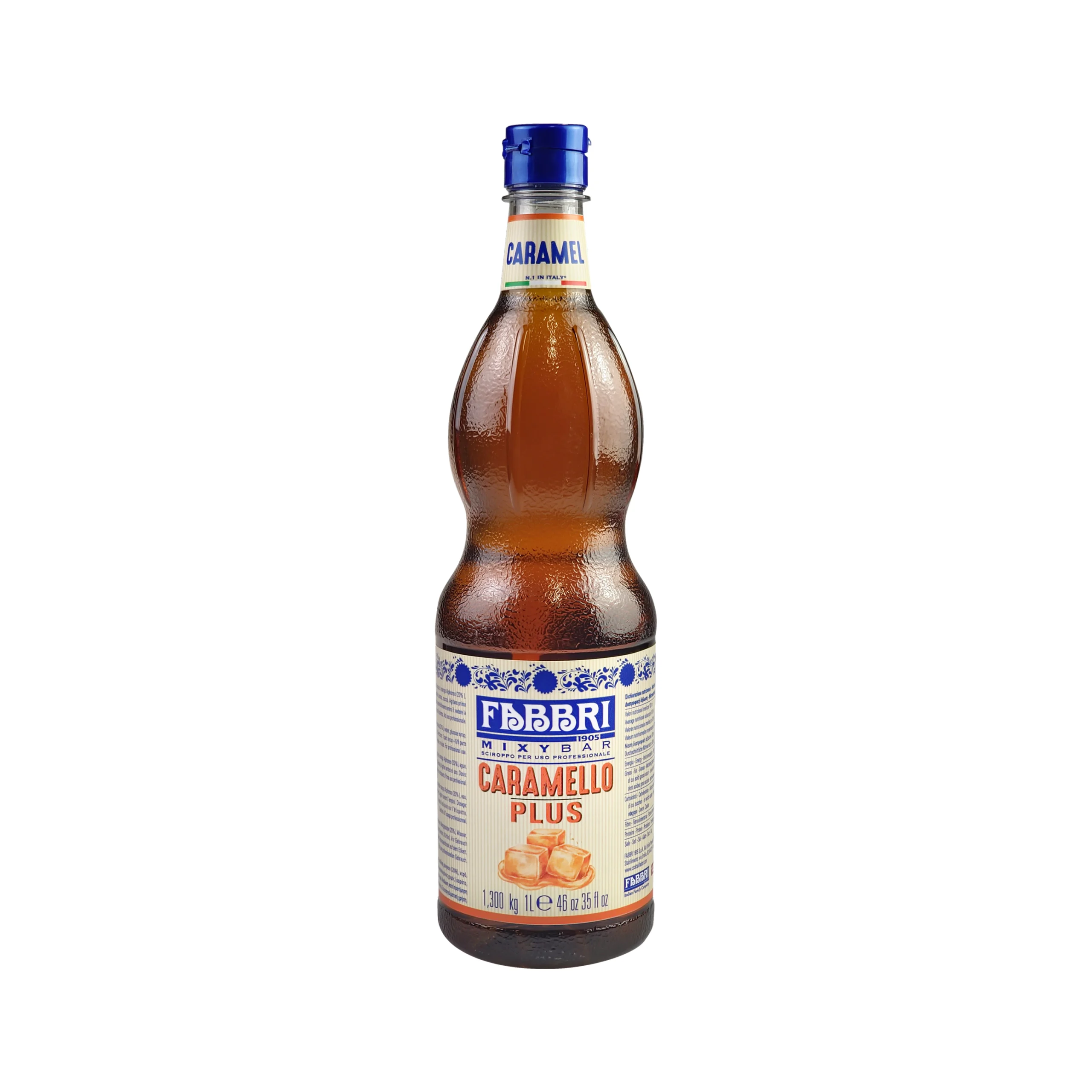 Bottle of FABBRI Caramello Plus liqueur with a blue cap and striped label showing caramel color liquid