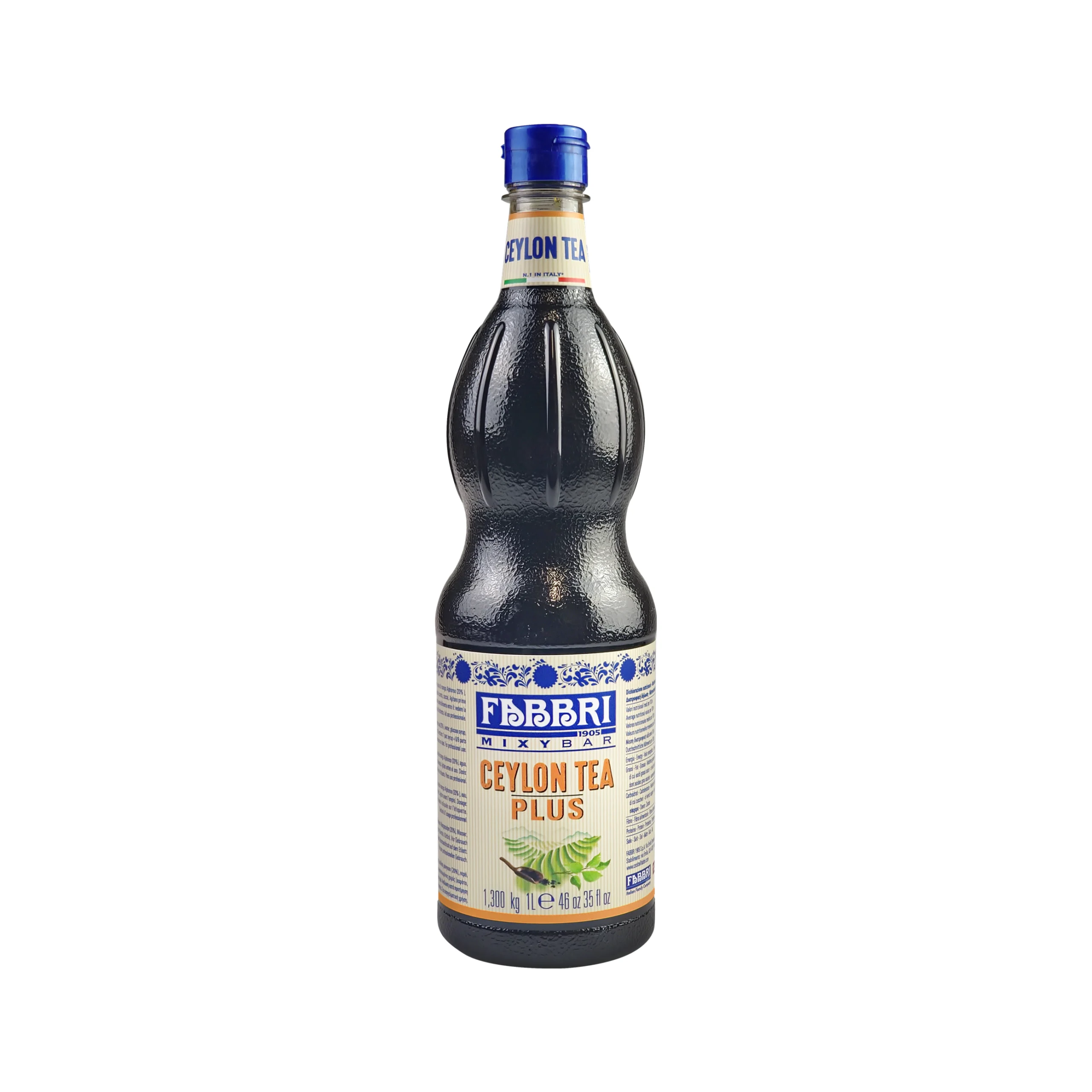 Tall dark glass bottle with a blue cap and a cream label showing blue CEYLON TEA text and decorative blue patterns nearby.