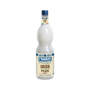 Bottle of Cocco Plus coconut syrup with a blue cap and decorative beige label reading COCCO PLUS.