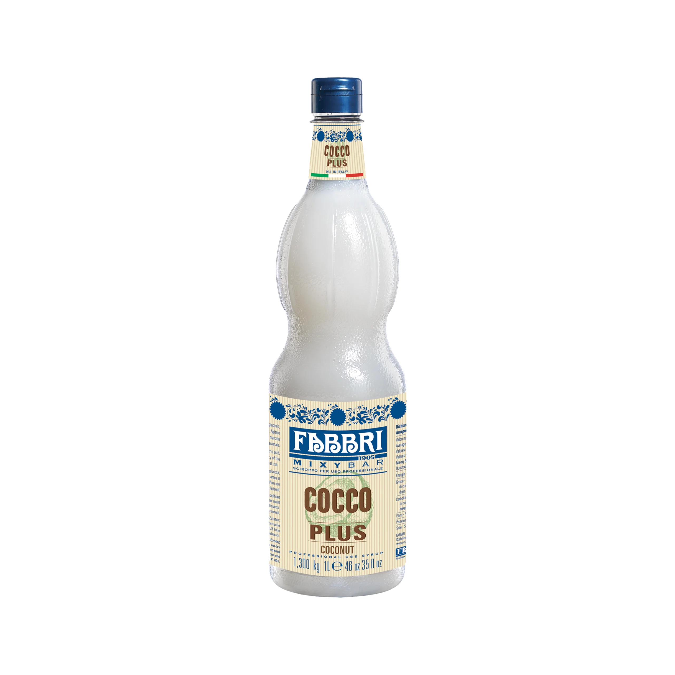 Bottle of Cocco Plus coconut syrup with a blue cap and decorative beige label reading COCCO PLUS.
