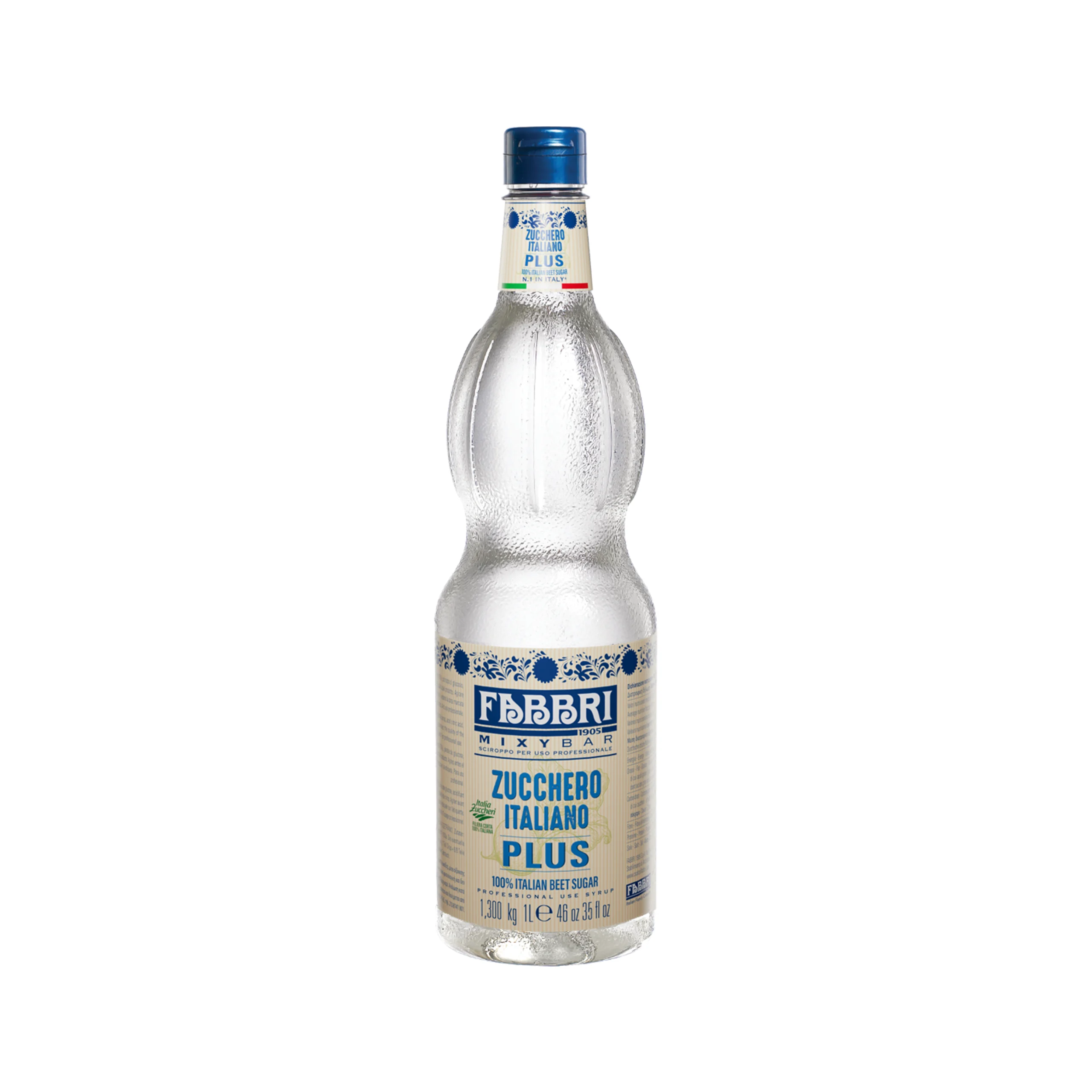 Tall glass bottle of Zucchero Italiano Plus sugar syrup with blue cap on a white background .