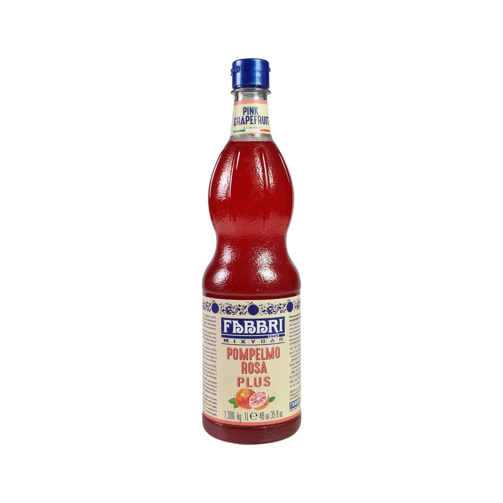 Bottle of pink grapefruit soda with a blue cap and vintage-style label on a white background