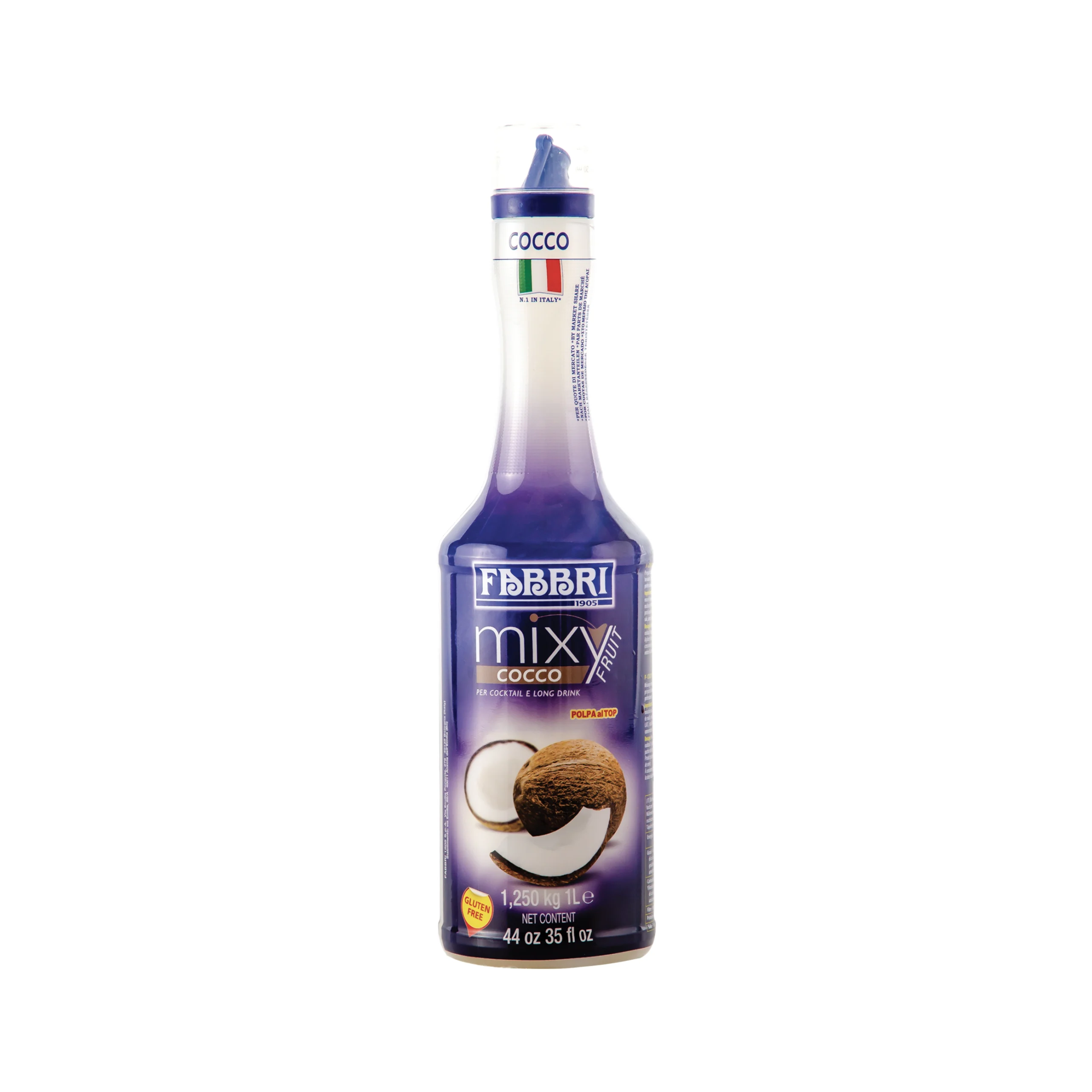 Tall blue-labeled FABBRI bottle with a blue cap and a coconut flavor label, seen from the front barrel of the bottle edge.