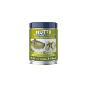 Jar of pistachio-flavored topping with a dark blue lid and green label branded Fabri Nutty Pistachio