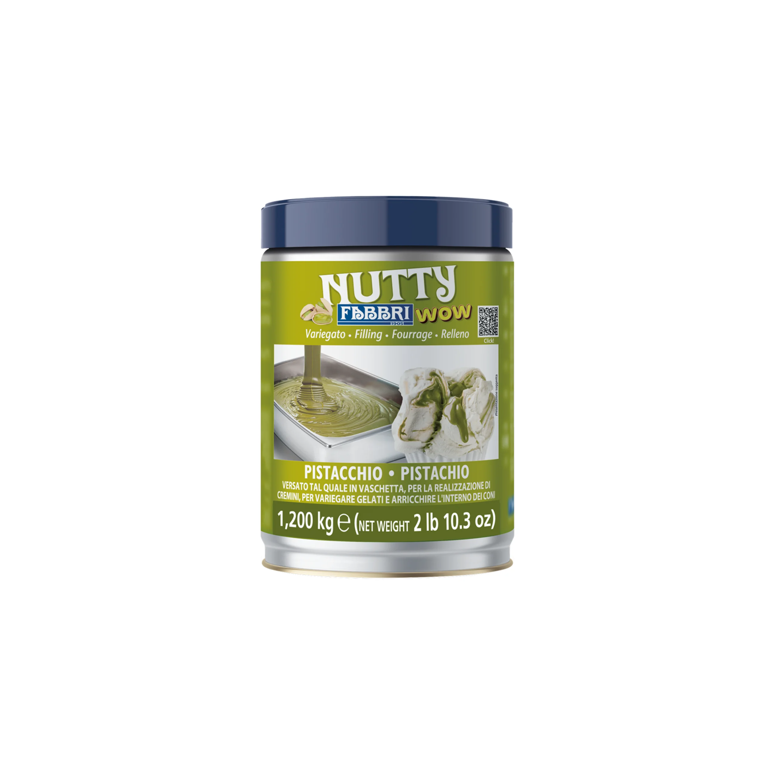 Jar of pistachio-flavored topping with a dark blue lid and green label branded Fabri Nutty Pistachio