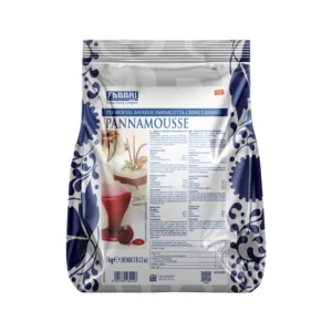 Foil-packaged Pannamousse dessert mix by Fabbri, shows blue and white packaging with 'PANNA MOUSSE' label and images of dessert.