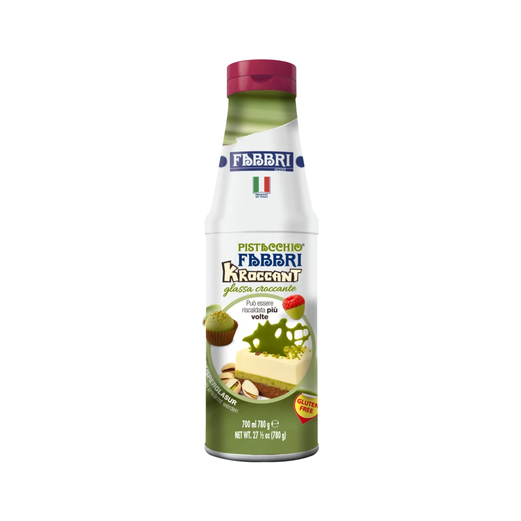 Bottle of pistachio-flavored glaze with a red cap, white label, and Italian flag details; gluten-free badge visible.