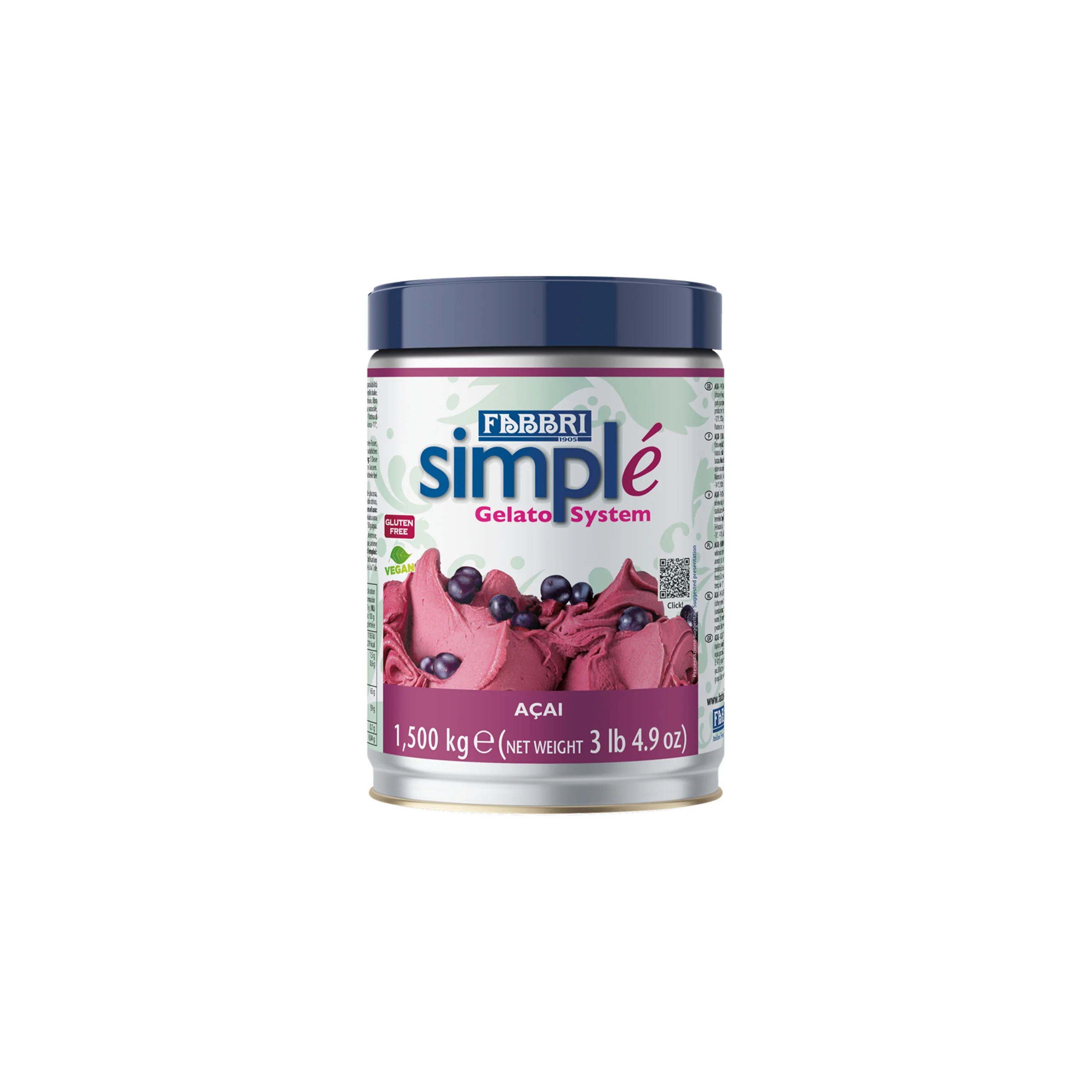 Front view of a Fabbrì Simple Gelato System jar labeled Acai with pink gelato and blueberries on the label.