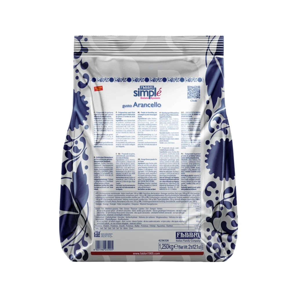 Front of a silver and blue Fabbri Simplé Arancello gelato mix package with decorative blue patterns and a QR code on the front.
