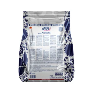 Front of a silver and blue Fabbri Simplé Arancello gelato mix package with decorative blue patterns and a QR code on the front.