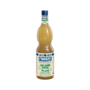 Bottle with blue cap and decorative blue-and-white label reading 'Lime Limone Zenzero Plus' (lemon-ginger syrup).