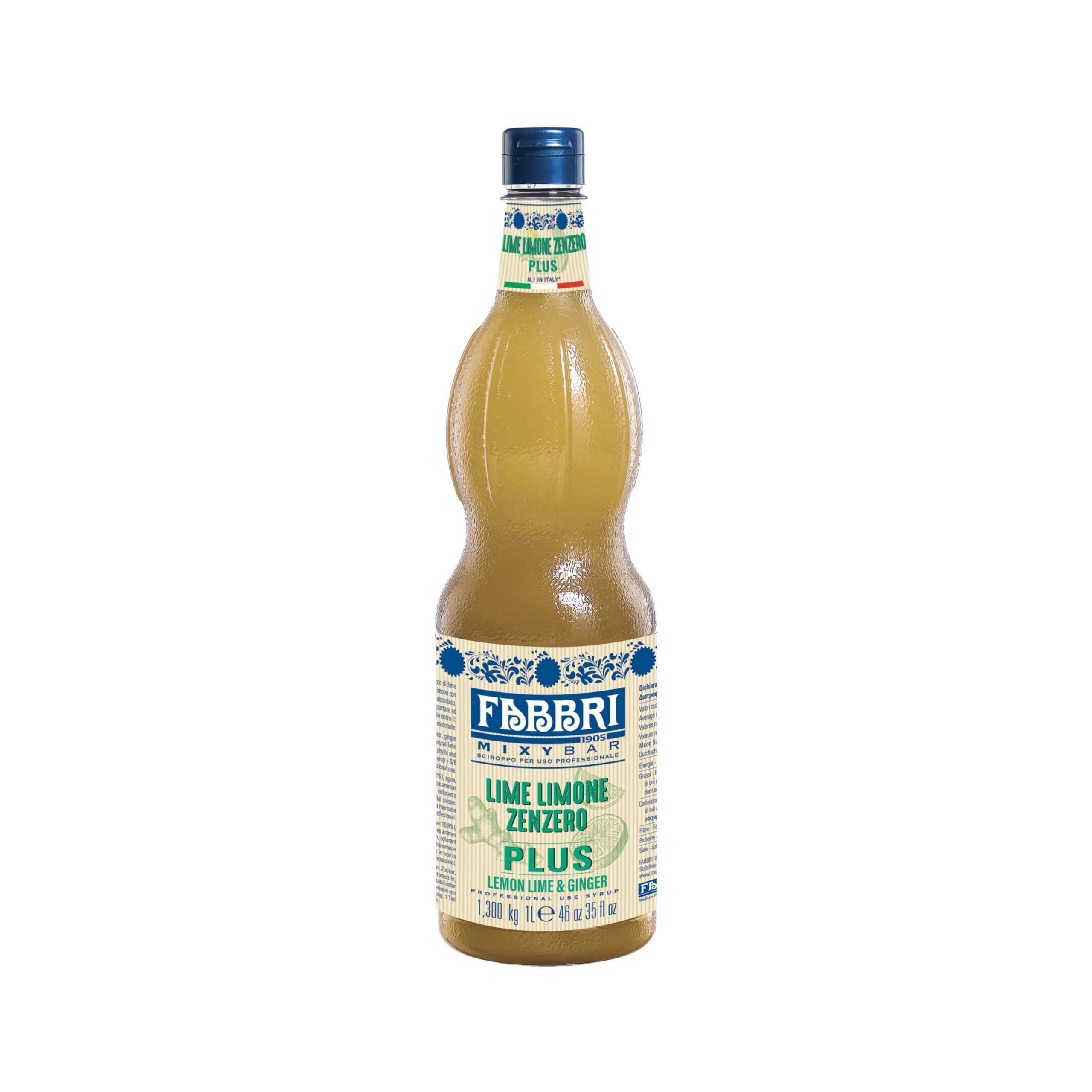 Bottle with blue cap and decorative blue-and-white label reading 'Lime Limone Zenzero Plus' (lemon-ginger syrup).