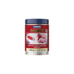 Jar of Fabbri Snackolosi Crunchy topping with a blue cap; red label features ice cream dessert imagery and Italian text.