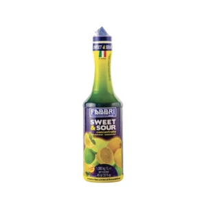 Bottle of Fabbri Sweet & Sour concentrate with yellow label and Italian flag, lemon imagery on the lower label, tall slender bottle.