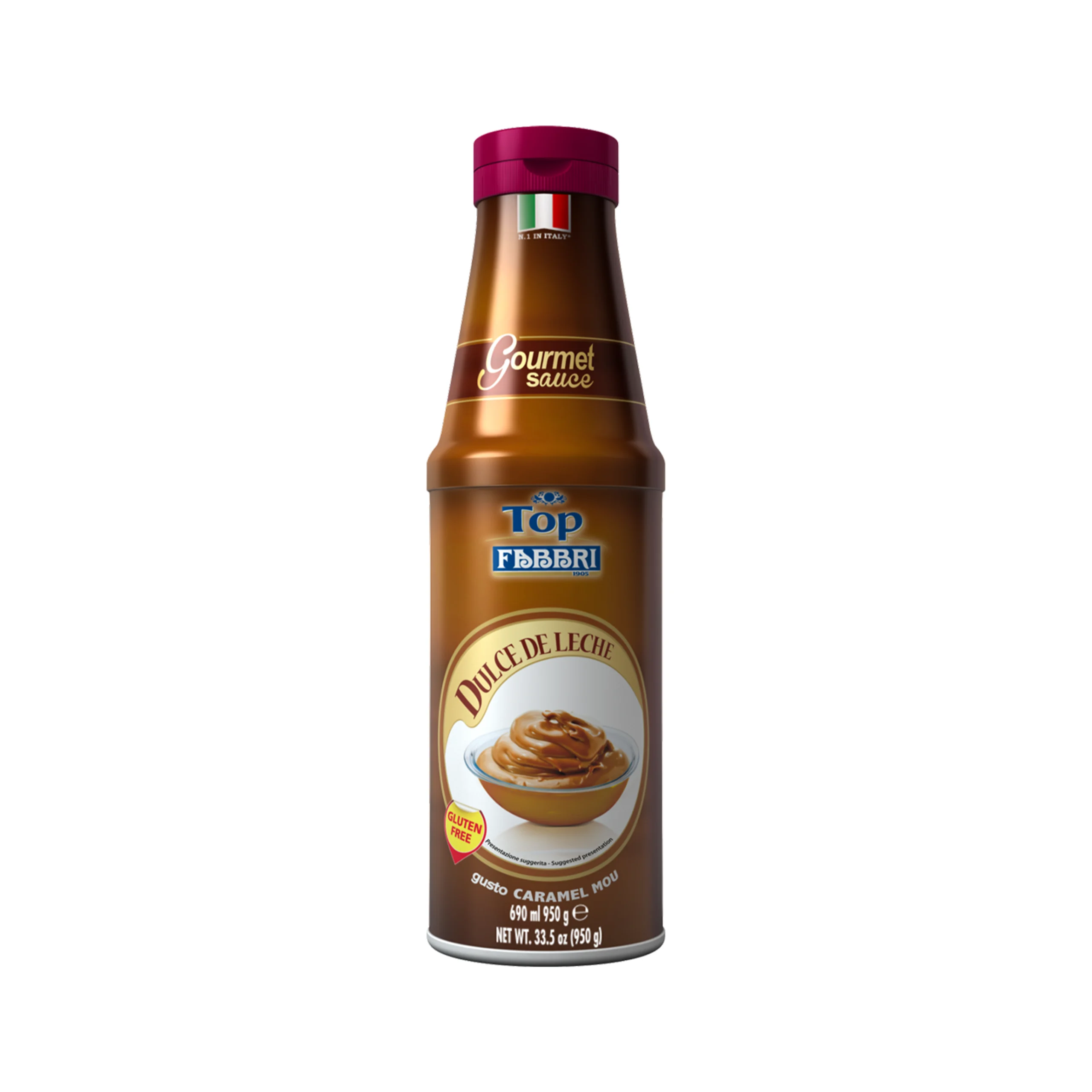 Bottle of dulce de leche caramel sauce with a magenta cap and an Italian flag emblem on the neck; caramel-brown bottle and label visible at the center of the image.