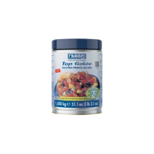 Jar of Fabbri Top Gelée ready-to-use gelatin with a dark blue lid and fruit topping image on the label (1250 g/51.1 oz)