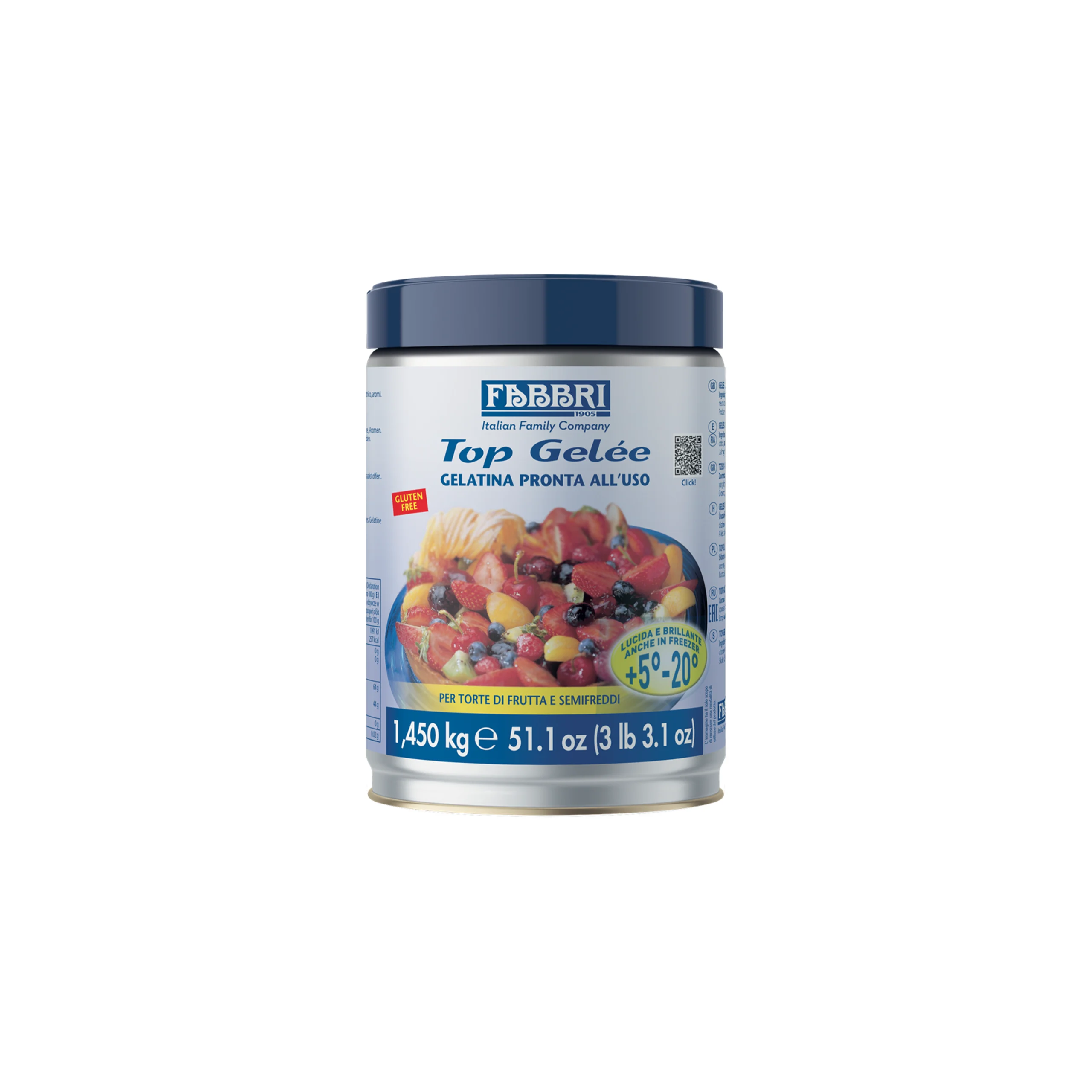 Jar of Fabbri Top Gelée ready-to-use gelatin with a dark blue lid and fruit topping image on the label (1250 g/51.1 oz)