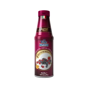 Bottle of fruity dessert sauce with a magenta cap and Italian flag decal, showing berries on the label (Frutti di Bosco)