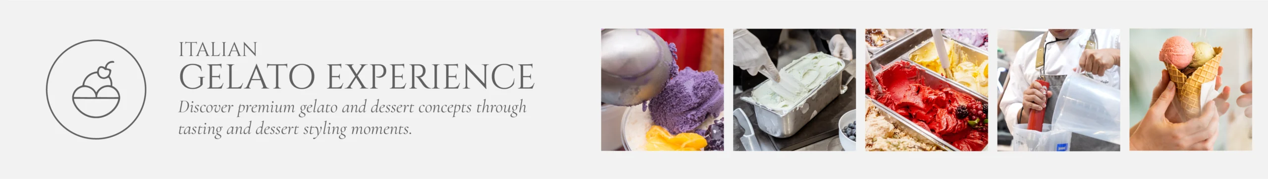 Brand banner: circle gelato logo, 'ITALIAN GELATO EXPERIENCE' title with subtitle, then five gelato photo thumbnails (flavors, scoops, cone).