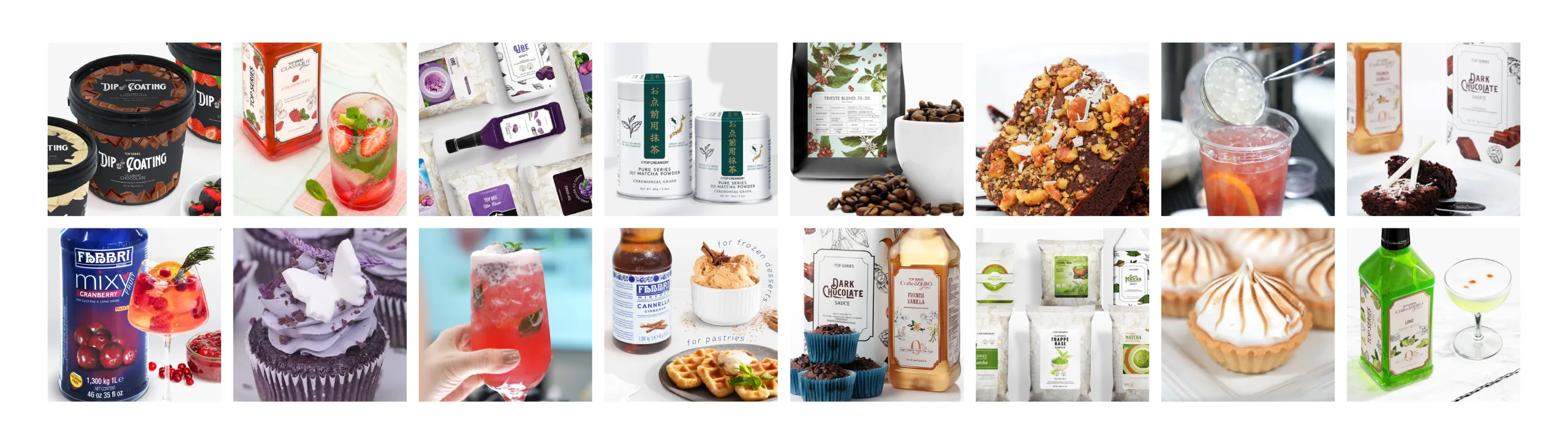 Collage of assorted food and drink products: ice cream tubs, juice drinks, matcha powders, coffee, chocolate desserts, cupcakes, syrups, and baking mixes.