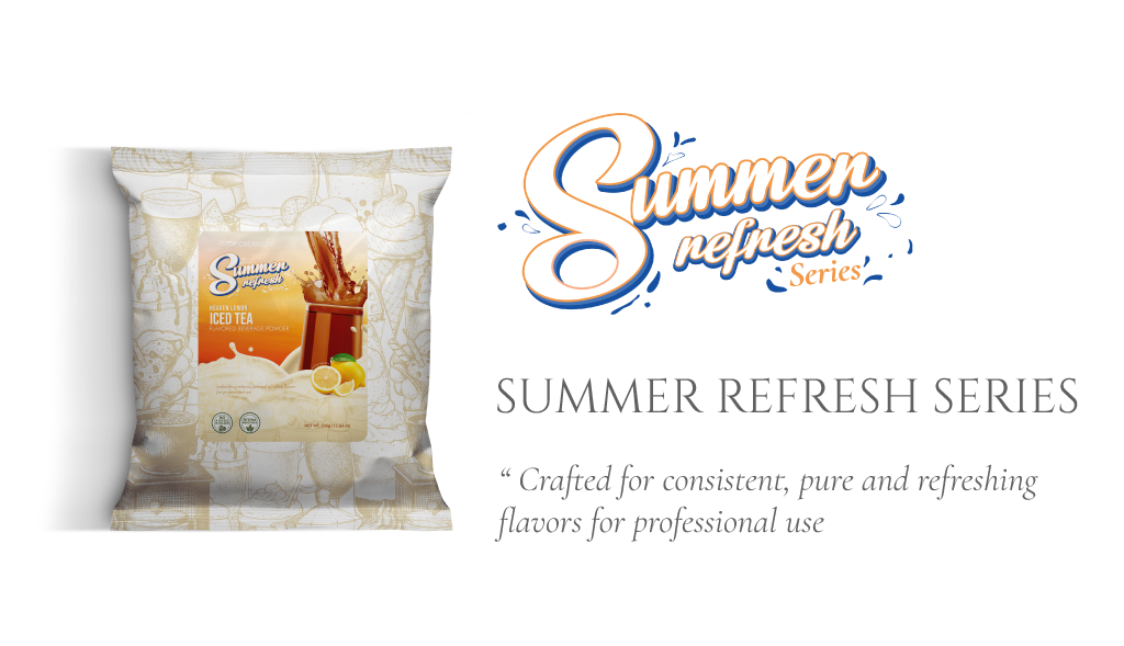 Bag of Summer Refresh Series iced tea with a label showing lemon and glass, placed next to the brand logo on a white background, as an advertisement.