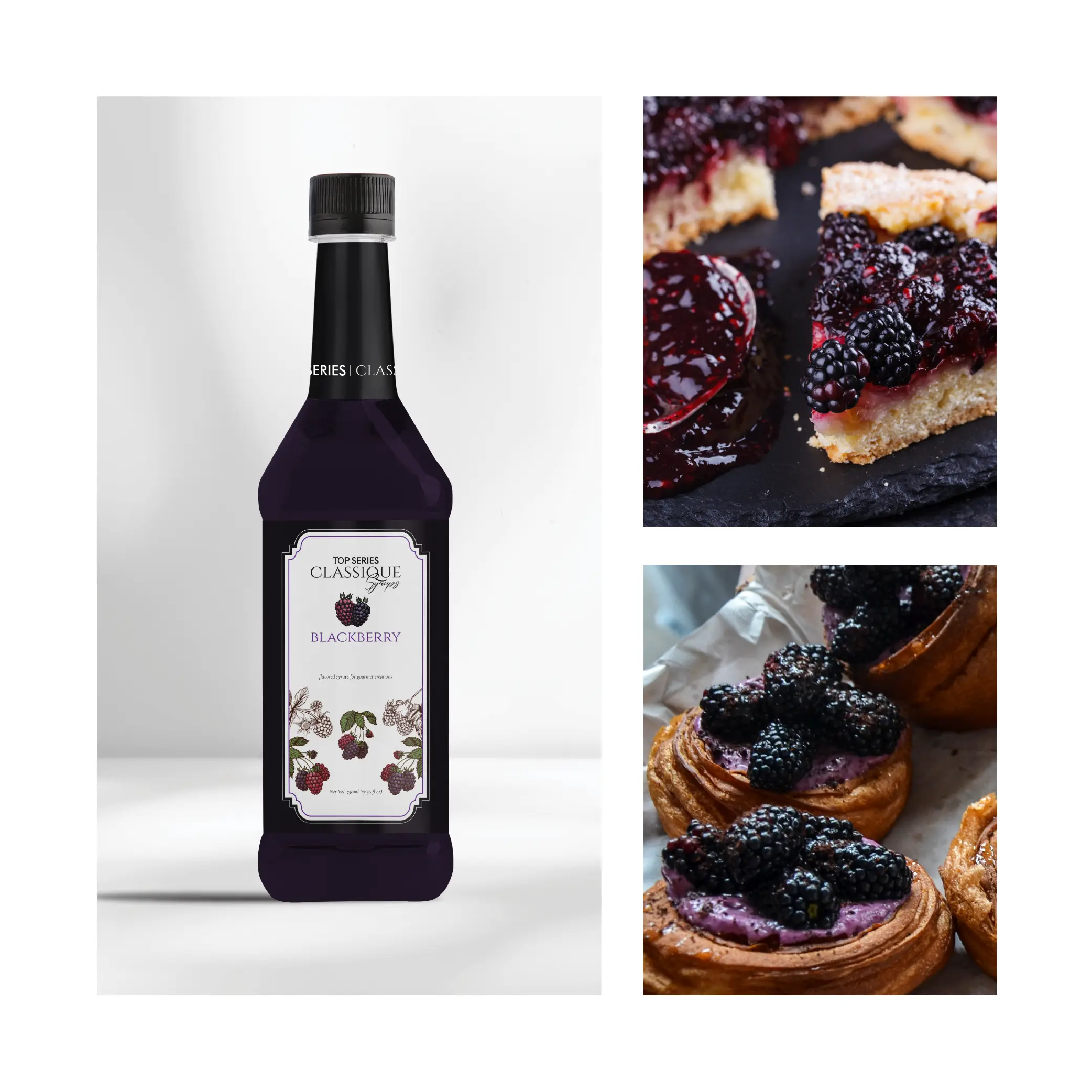Left: syrup bottle neck against a light background; right: blackberry tart pastries.
