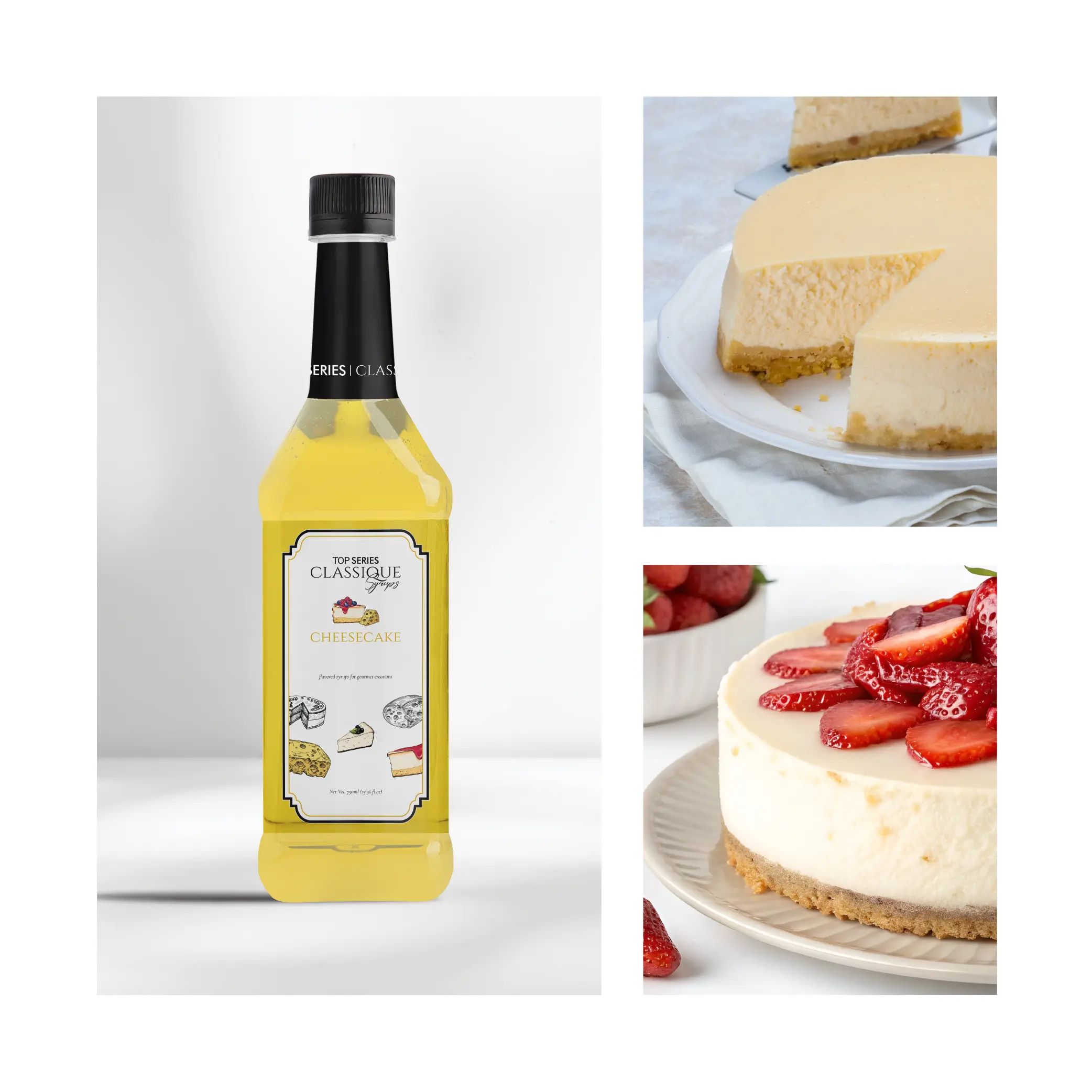 Bottle of yellow syrup photographed front-on with a light gray background (left panel) and cheesecake slices on a plate (right panel).