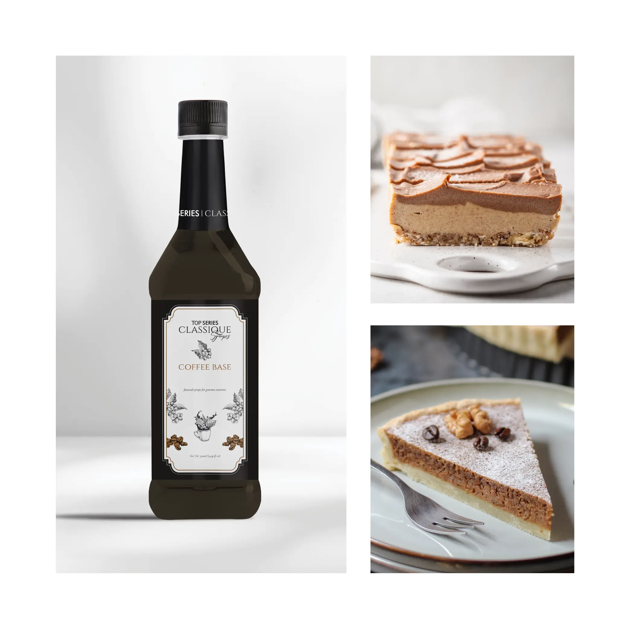 Two-panel collage showing a syrup bottle on the left and a layered dessert cake slice on the right.