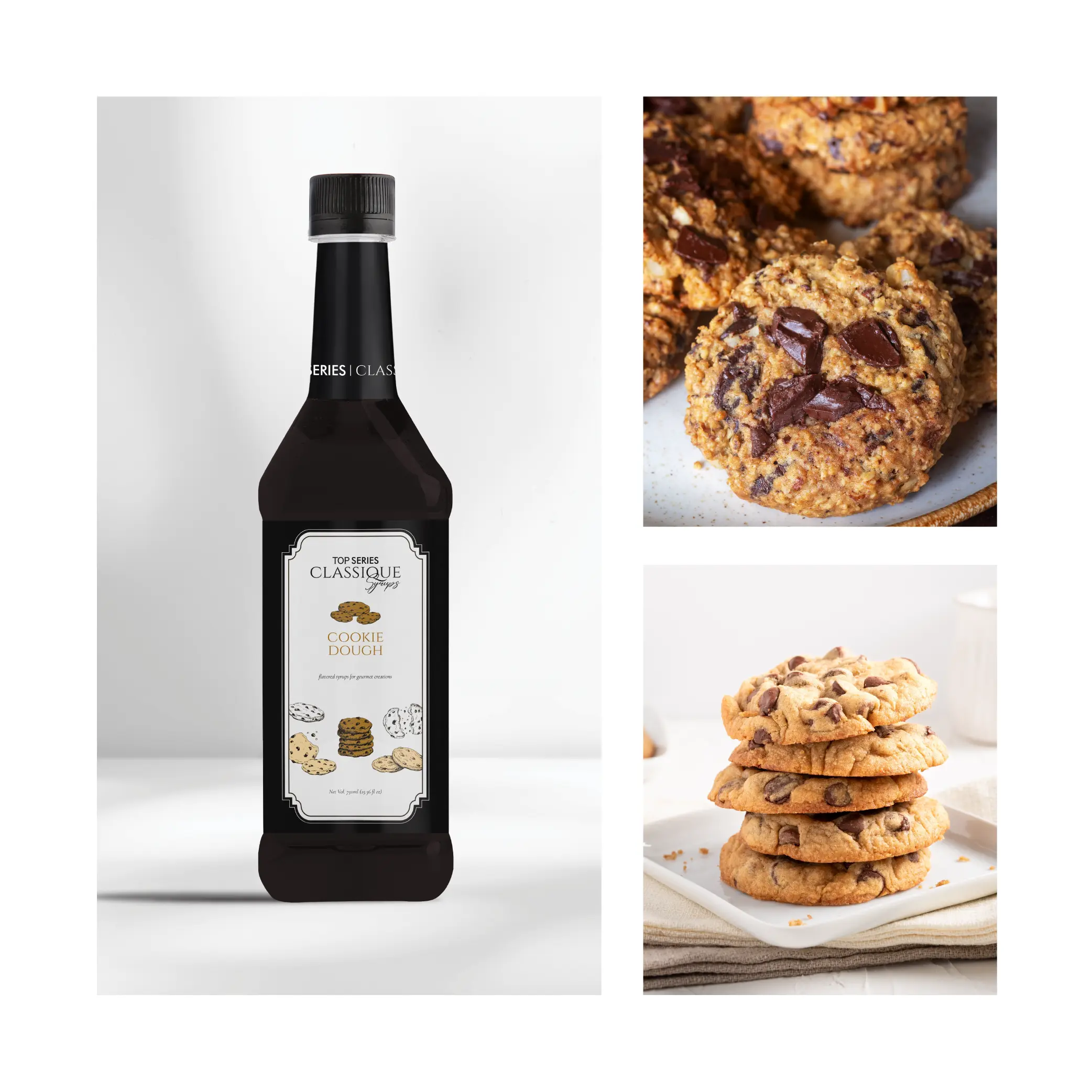 syrup bottle on a white backdrop beside a plate of chocolate chip cookies on the right side of the image grid.
