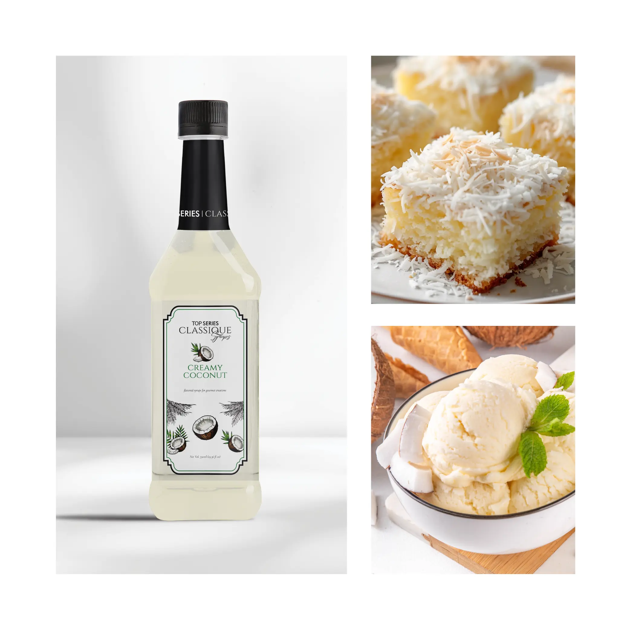 Close-up of a white syrup bottle on the left with coconut-topped desserts on the right.