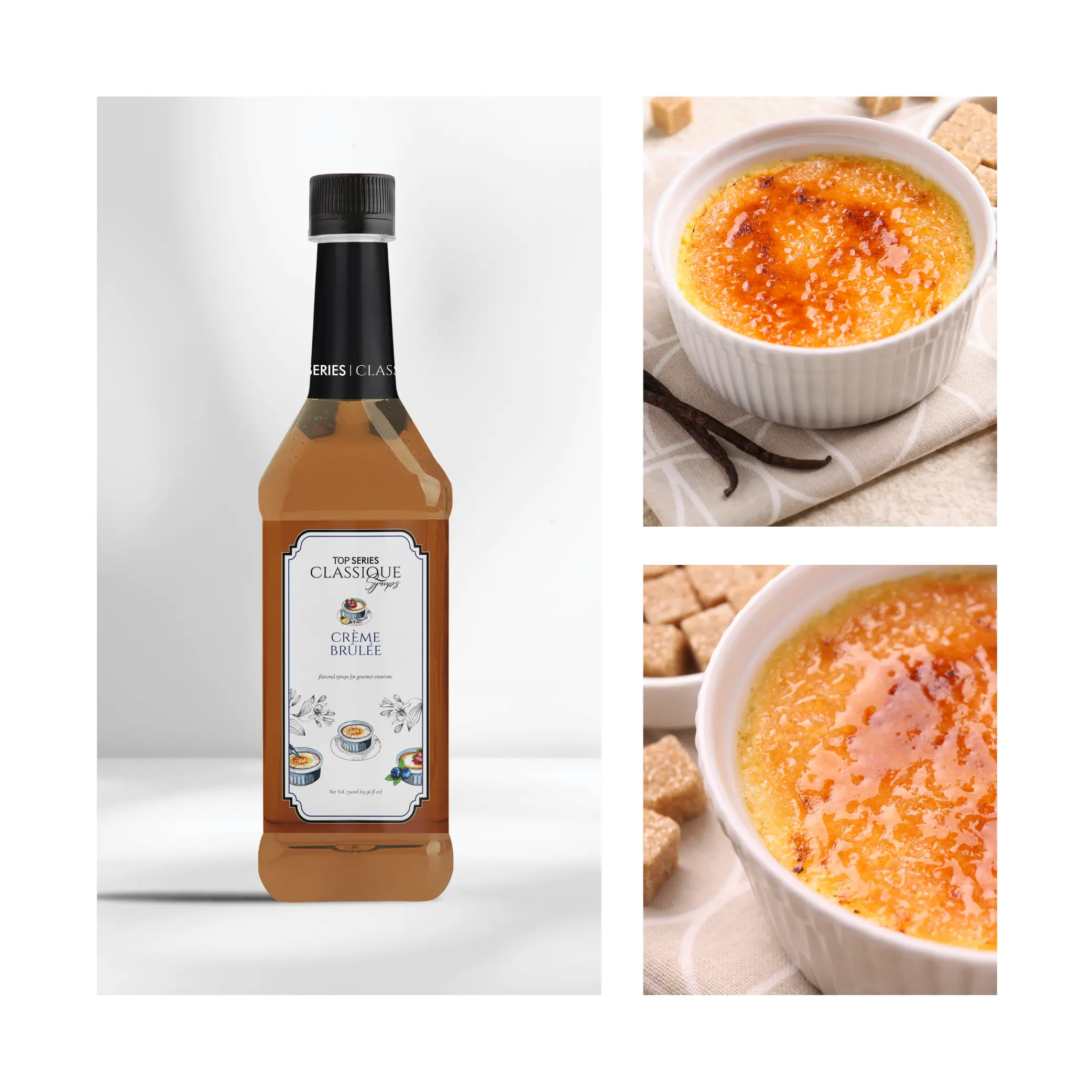 Left image shows a tall amber bottle with a black cap on a light background; right image shows a white ramekin filled with crème brûlée topped with sugar.