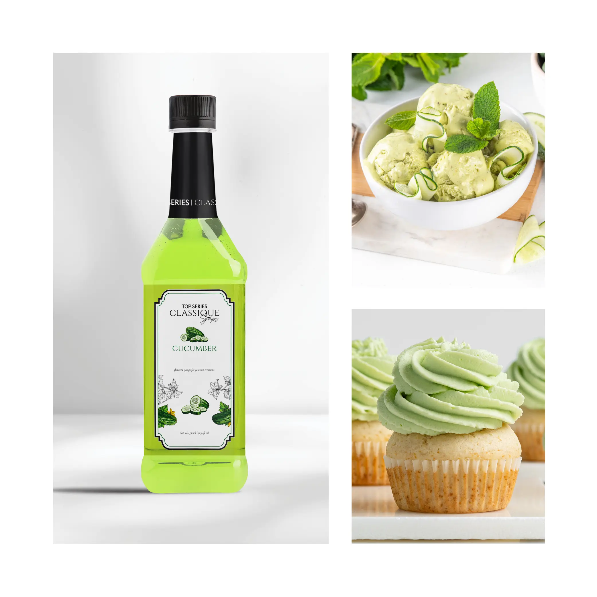 Bright green bottle with a lime-themed label on the left and a bowl of mint-green ice cream with mint garnish on the right.
