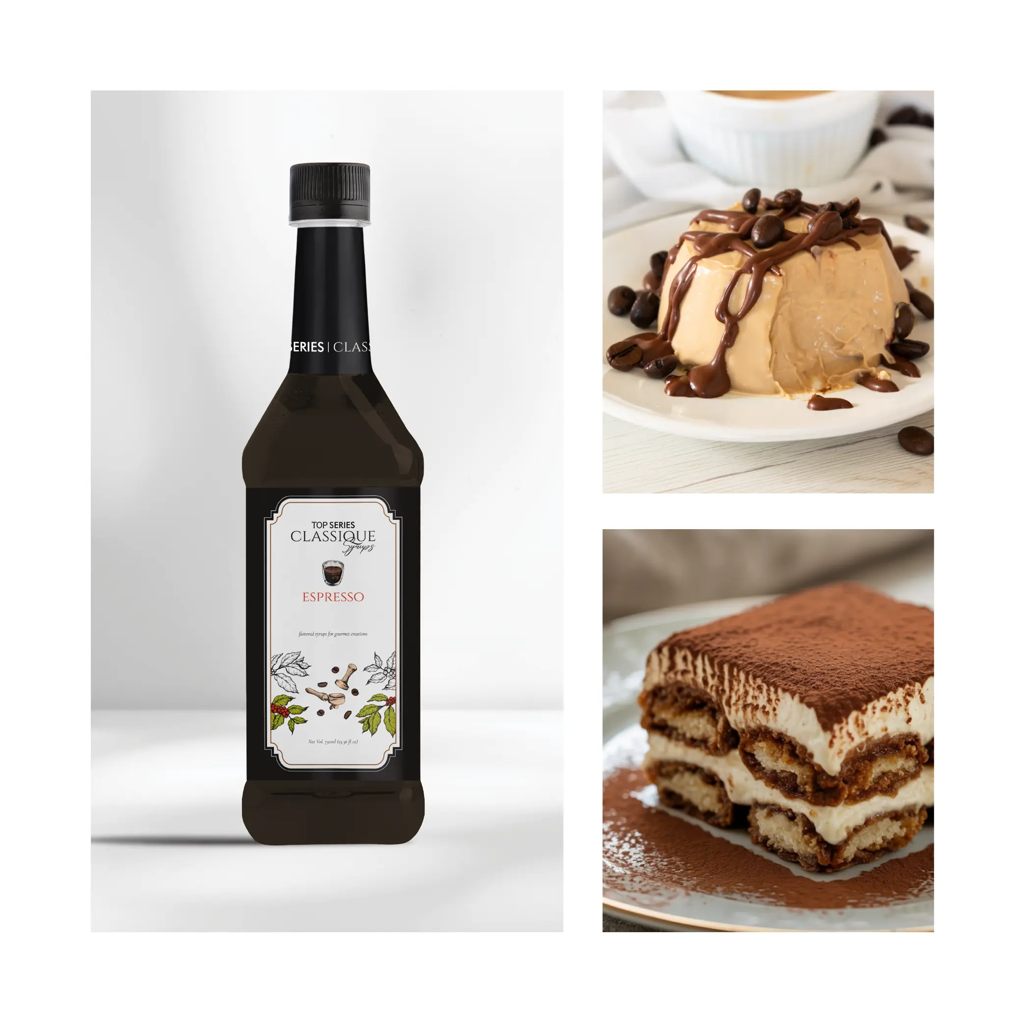 Two-column product collage: left shows a tall dark bottle with a black cap on a light background; right shows a dessert topped with chocolate drizzle.