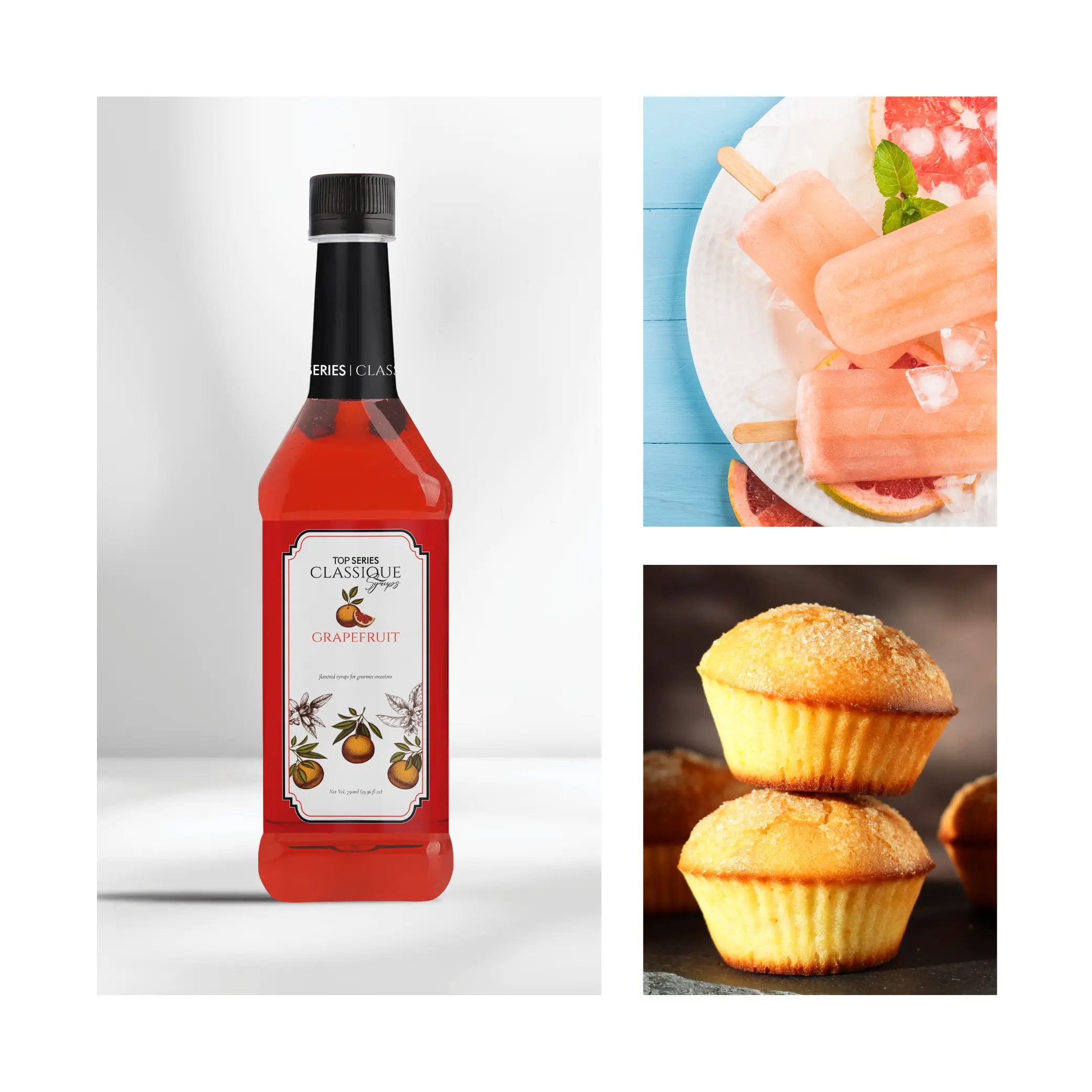 Bottle of grapefruit syrup on a clean white background with pink popsicles and a plate of fruit on the right (split image).