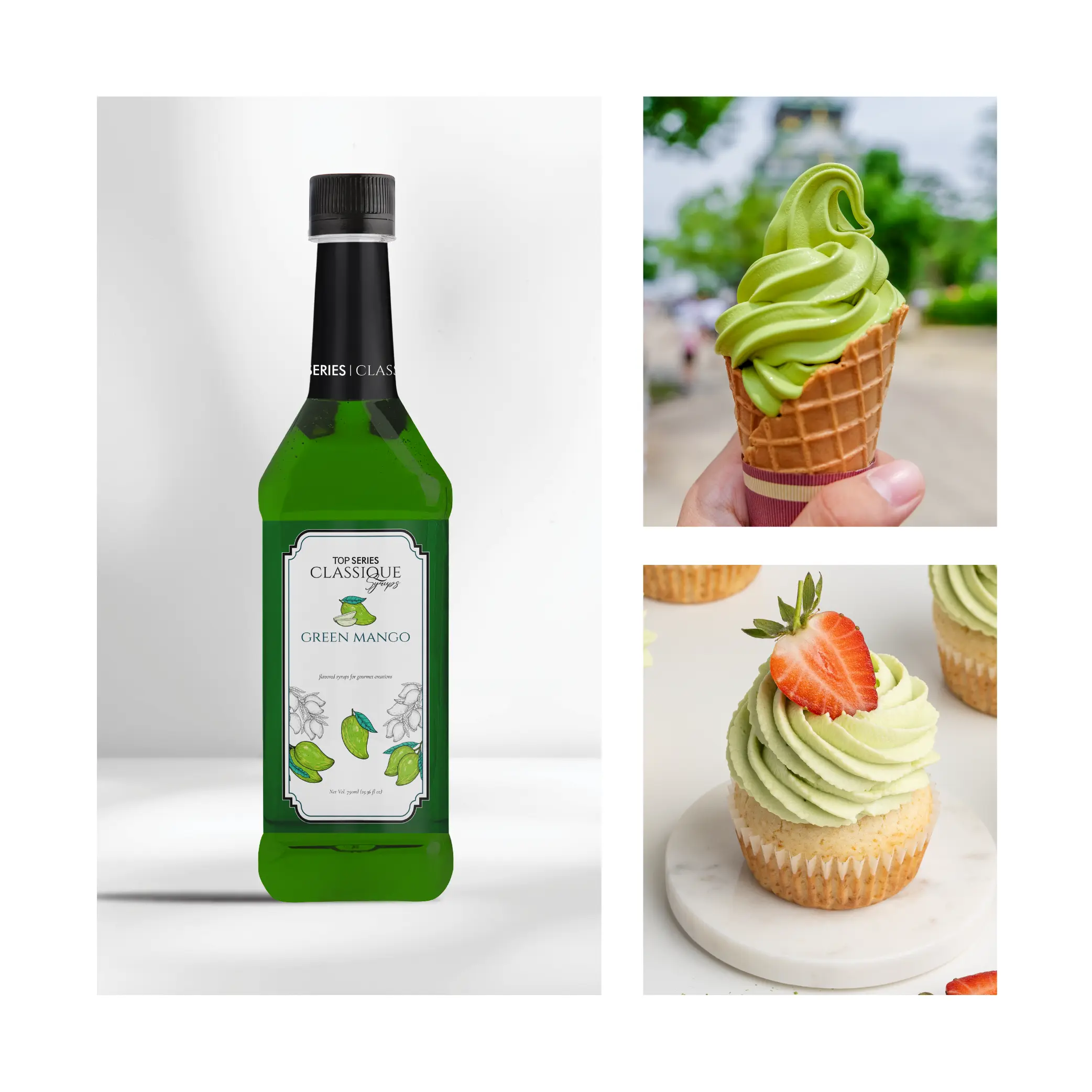 Green bottled beverage on the left and a green pistachio ice cream cone on the right.