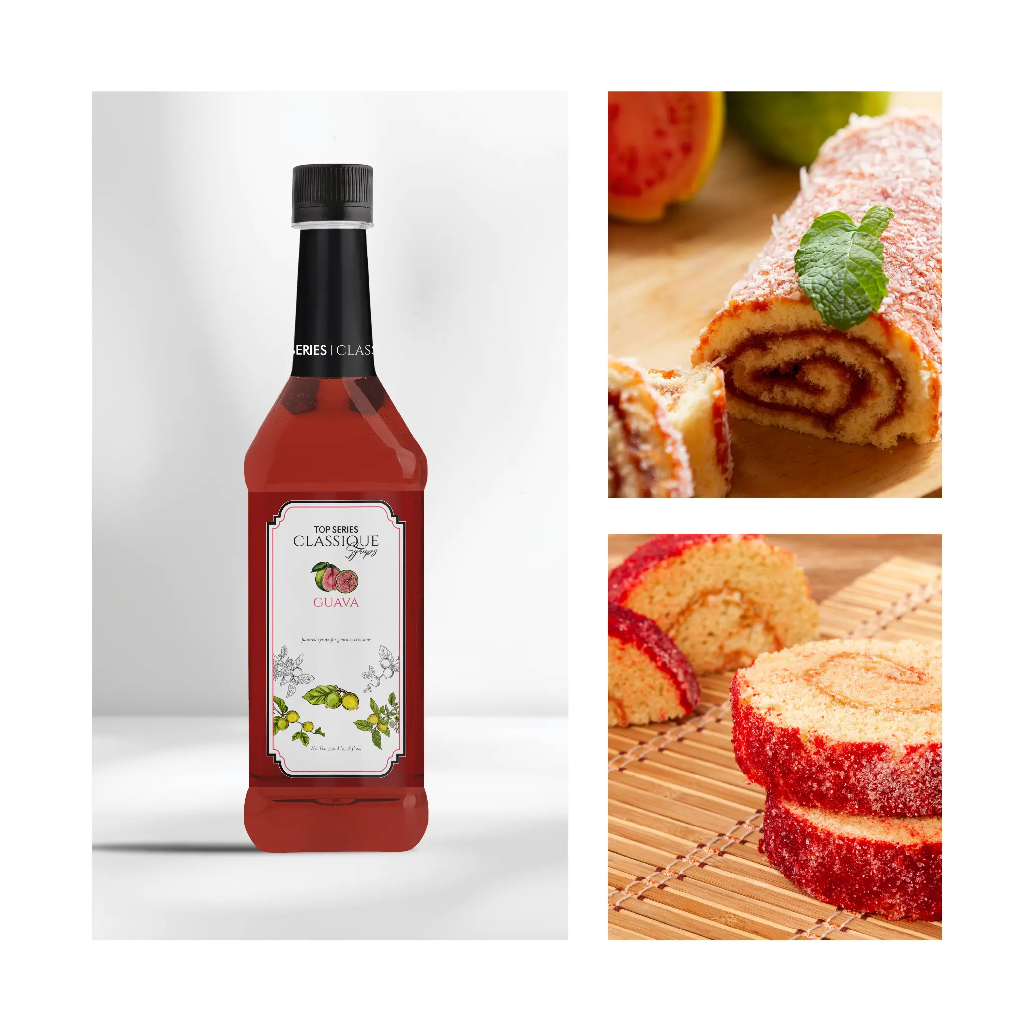 Two-panel composition: left side shows a tall red guava syrup bottle against a gray background; right side shows a slice of red velvet cake with a mint leaf on top.