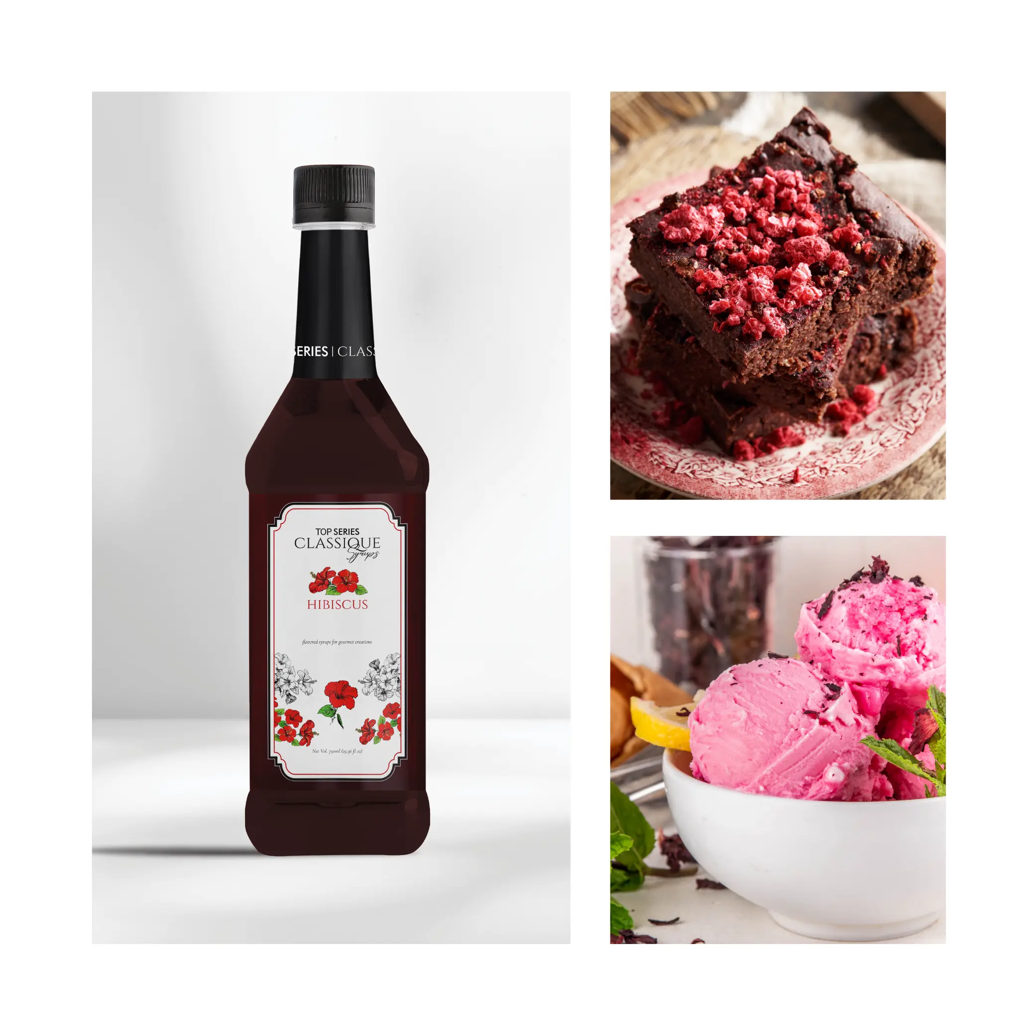 Split image: left shows a hibiscus syrup bottle on a white backdrop; right shows a chocolate cake topped with crushed raspberries.