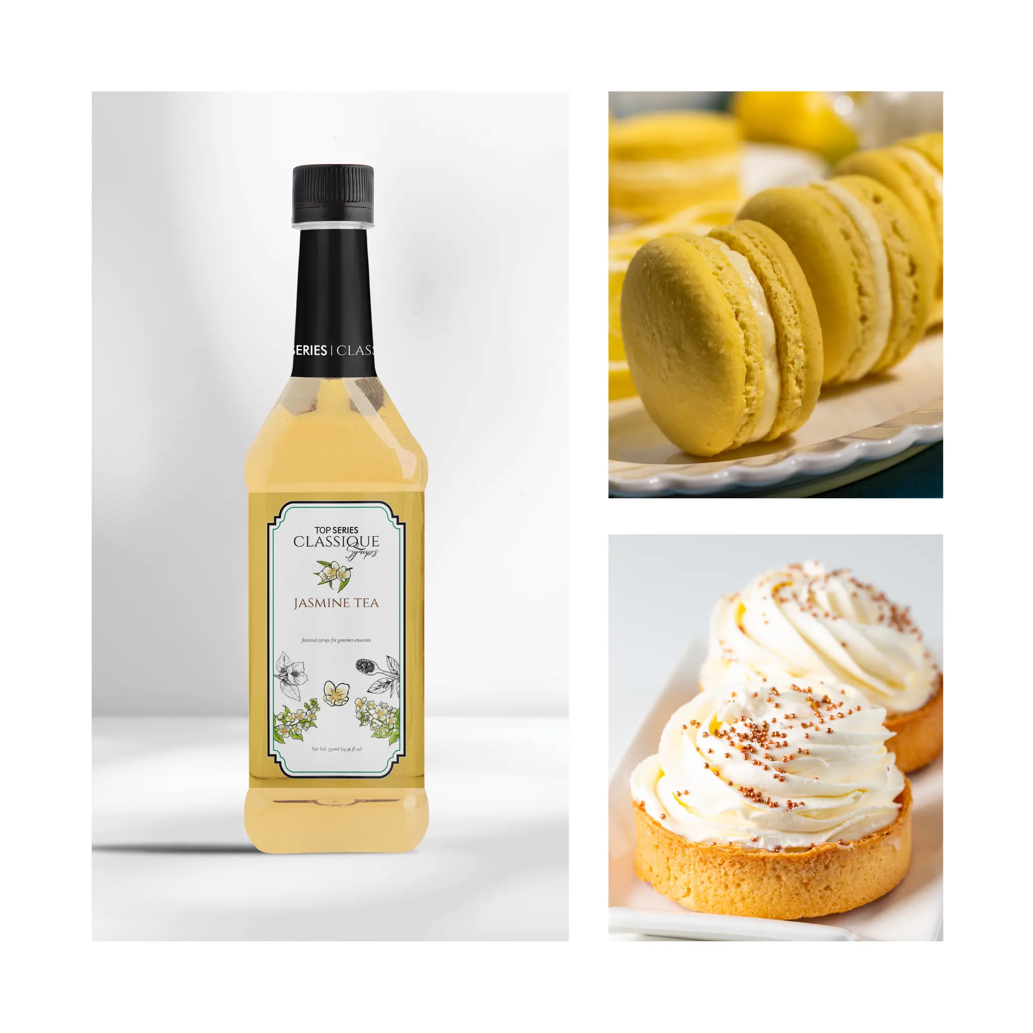 Bottle of jasmine tea on a pale background with a row of yellow macarons and a frosted cupcake to the right on a plate (collage layout).