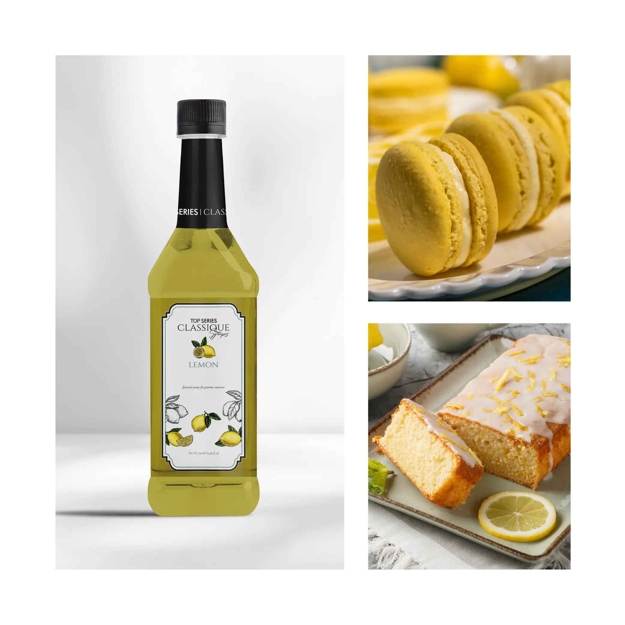 Collage with a lemon syrup bottle on the left and lemon desserts (macarons and cake) on the right.